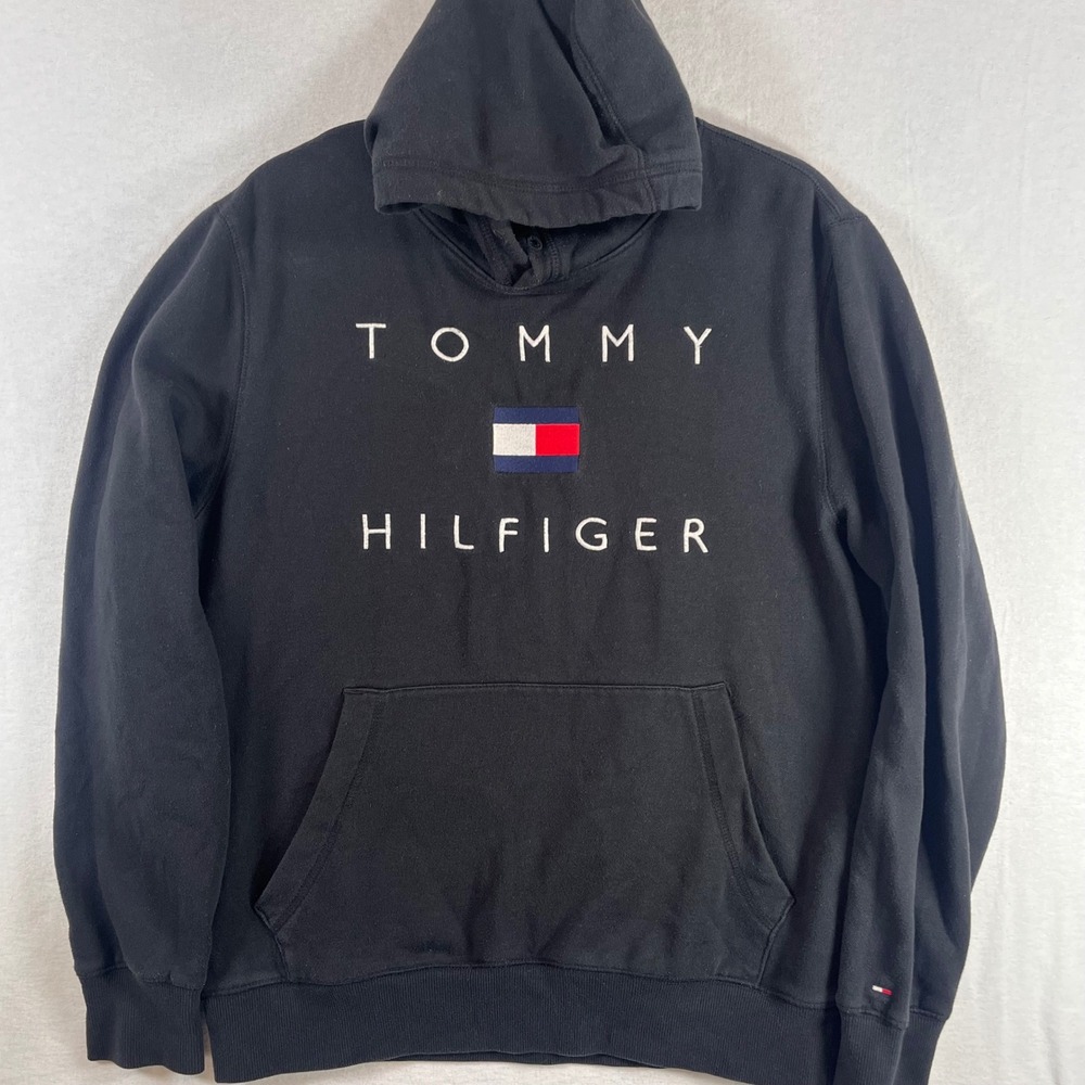 Tommy Hilfiger Hoodie Mens Medium Black Spellout Flag Logo Pullover Sweatshirt